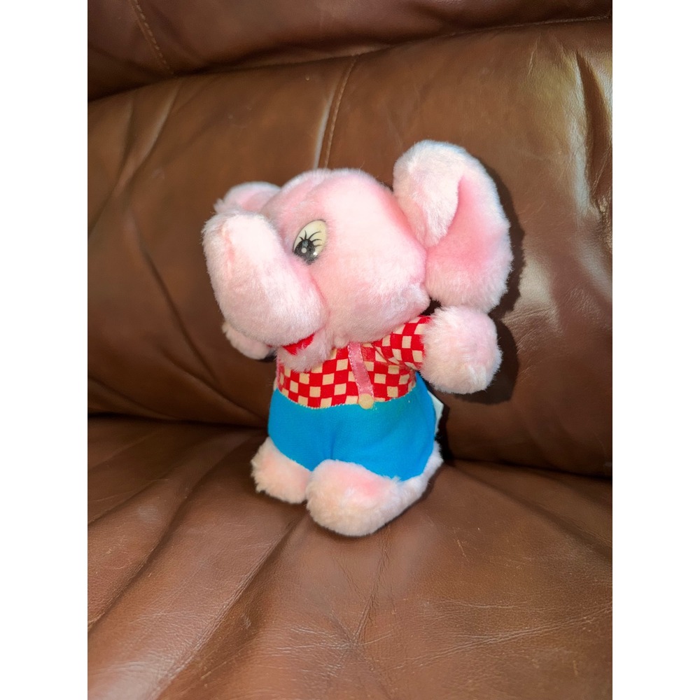 Vintage Grayhound Pink Elephant Plush Checkered Shirt Blue Pants Stuffed Animal